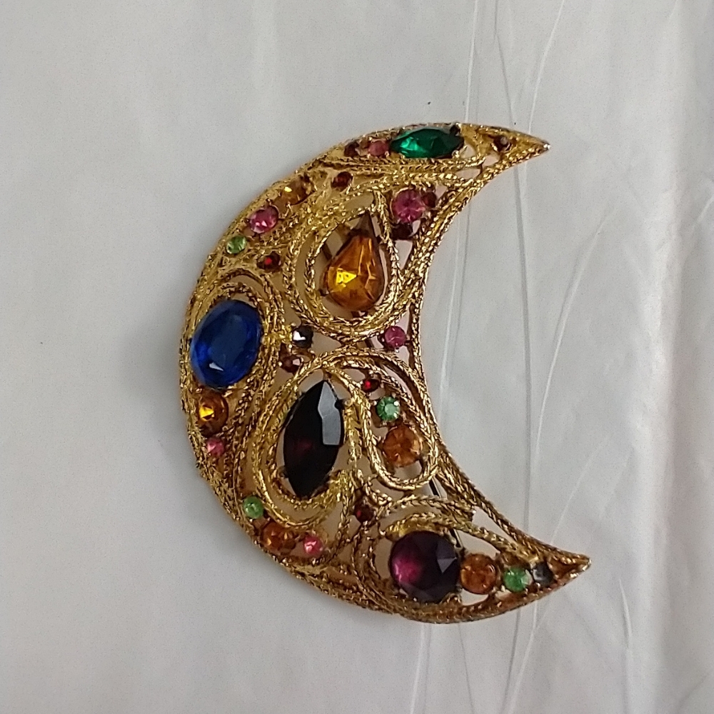 Moon brooch gold huge pin multi color gemstone brooch vintage